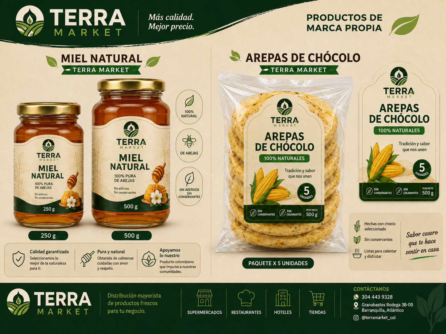 Miel natural y arepas de chócolo Terra Market